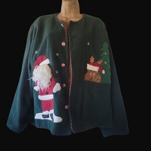 VTG Take Two Clothing Co. Christmas Fleece Jacket W/ Santa & Reindeer Applique